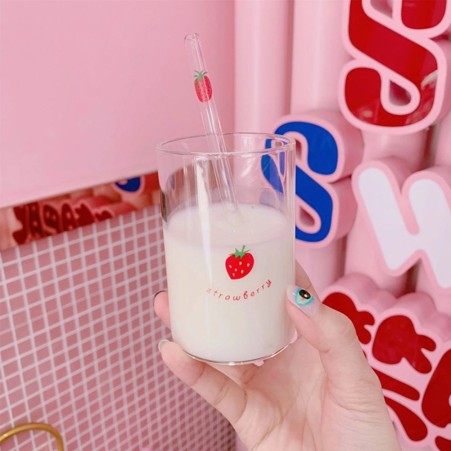 Home & Gadgets Kawaii Shop | Kawaii Mini Strawberry Glass With Straw