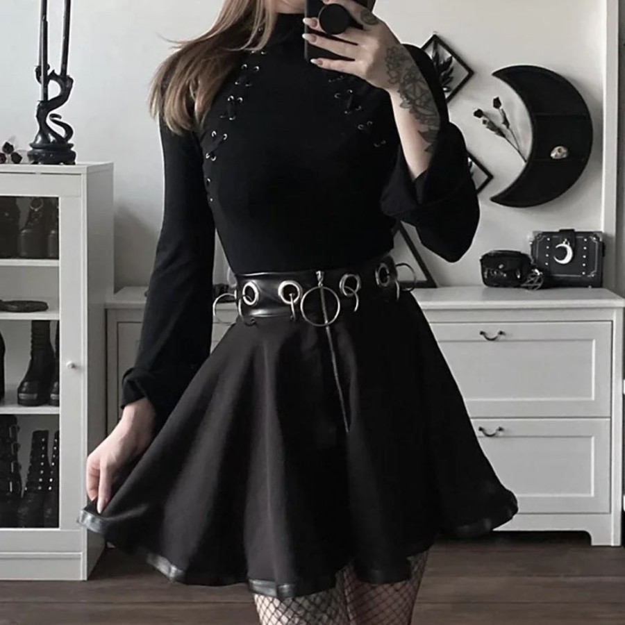 Fashion Kawaii Shop Skirts | Gothic Ring Zipper High Wai T Kirt Black