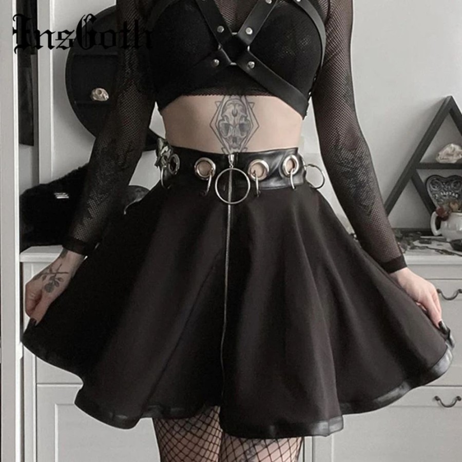 Fashion Kawaii Shop Skirts | Gothic Ring Zipper High Wai T Kirt Black