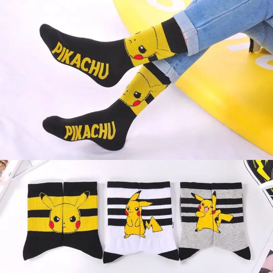 Fashion Kawaii Shop Socks & Stockings | Pikachu Cute Black And Stripped Socks (Buy 2 Get 1 Free)