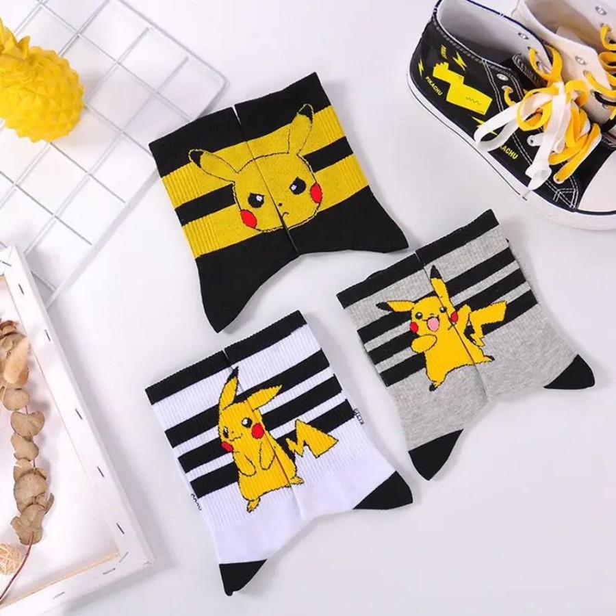 Fashion Kawaii Shop Socks & Stockings | Pikachu Cute Black And Stripped Socks (Buy 2 Get 1 Free)