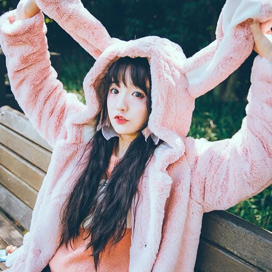 Fashion Kawaii Shop Coats & Jackets | Kawaii Bunny Hooded Pink Winter Coat