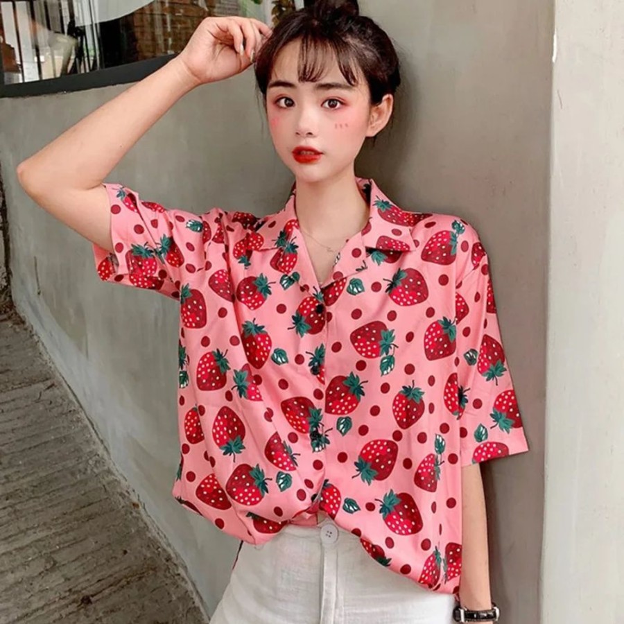 Fashion Kawaii Shop Shirts | Casua Kpop Strawberry Shirt Pink