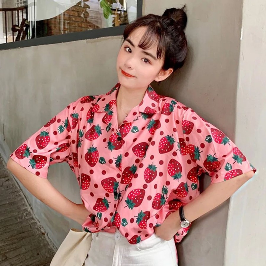 Fashion Kawaii Shop Shirts | Casua Kpop Strawberry Shirt Pink